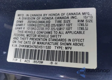 2014 Honda Cr-V Ex-L z USA, uszkodzony, nr VIN 2HKRM3H76EH511530